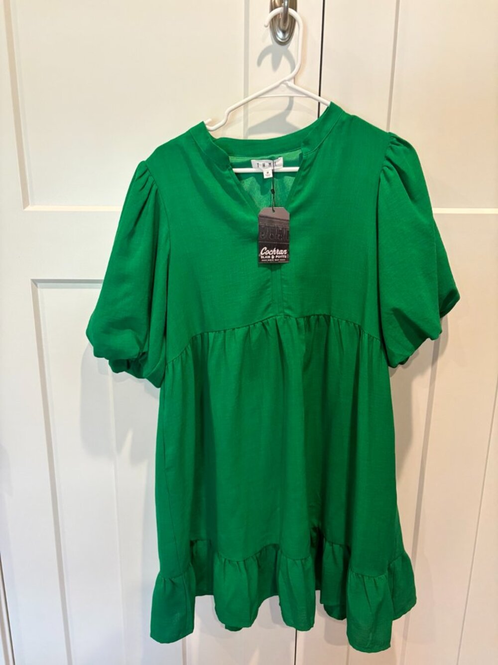 THML Emerald Green Puff Sleeve Babydoll Dress Size M NWT Pockets